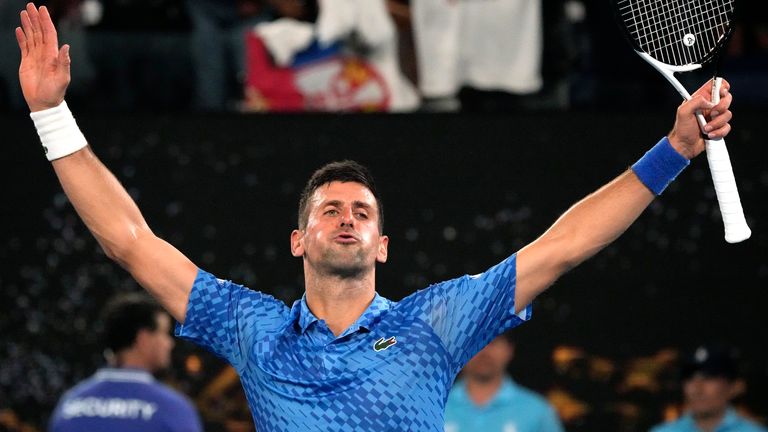 Novak Djokovic of Serbia celebrates after defeating Tommy Paul of the U.S. in their semifinal at the Australian Open tennis championship in Melbourne, Australia, Friday, Jan. 27, 2023.. (AP Photo/Aaron Favila)
