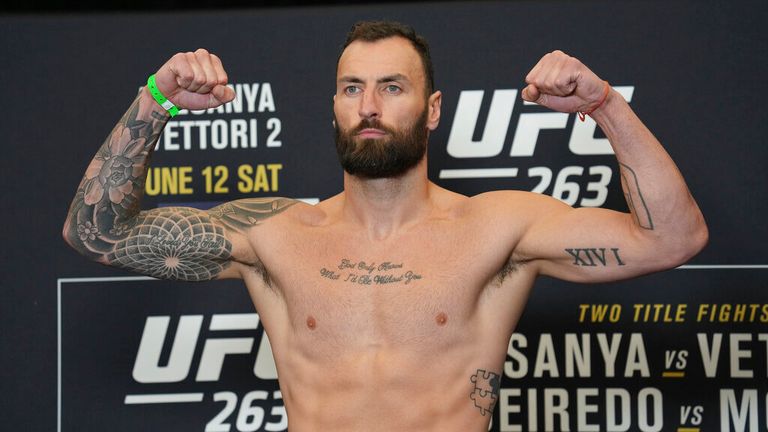 PHOENIX, AZ - JUNE 11: steps on the scale for the official weigh-in for UFC 263 on June 11, 2021, at Hyatt Regency Downtown Phoenix in Phoenix, AZ. (Photo by Louis Grasse/PxImages/Icon Sportswre) (Icon Sportswire via AP Images)
