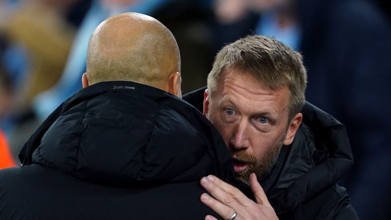 Chelsea manager Graham Potter (right) and Manchester City manager Pep Guardiola ahead of the Emirates FA Cup third leg match at the Etihad Stadium in Manchester.  Picture date: Sunday, January 8, 2013.