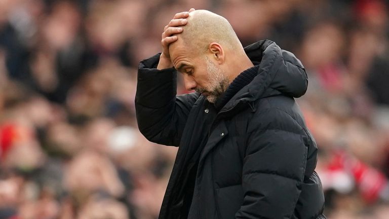 Pep Guardiola reacts during the Manchester derby at Old Trafford