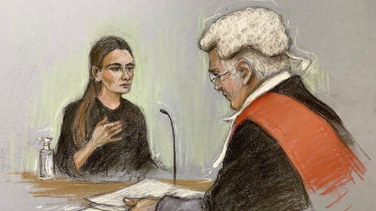 Court artist sketch by Elizabeth Cook of Peta Cavendish giving evidence, watched by Judge David Turner, at Chelmsford Crown Court, during the trial of Romario Henry, 31, and Oludewa Okorosobo, 28, who are accused of robbing her and her husband, Olympic cyclist Mark Cavendish. Picture date: Monday January 9, 2023.