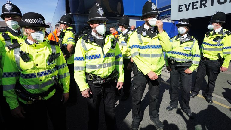 Police officers outside the stadium ahead of the Premier League match at Goodison Park, Liverpool. Picture date: Saturday August 6, 2022.