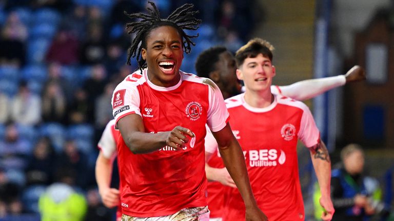 Promise Omochere of Fleetwood Town celebrates after scoring the team&#39;s first goal