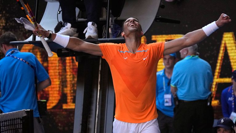 Rafael Nadal of Spain reacts after defeating Jack Draper of Britain in their first round match at the Australian Open tennis championship in Melbourne, Australia, Monday, Jan. 16, 2023. (AP Photo/Aaron Favila)