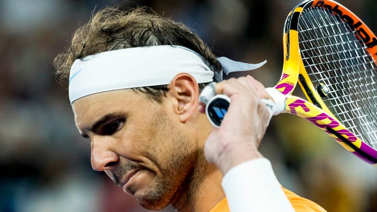 MELBOURNE, VIC - JANUARY 18: Rafael Nadal of Spain shows his frustration during Round 2 of the 2023 Australian Open on January 18 2023, at Melbourne Park in Melbourne, Australia. (Photo by Jason Heidrich/Icon Sportswire) (Icon Sportswire via AP Images)