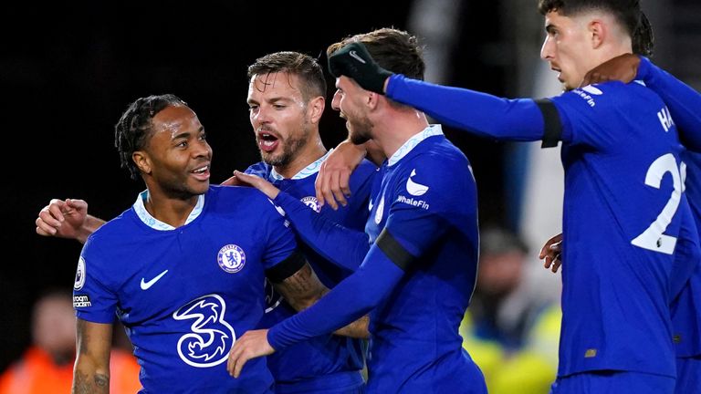 Raheem Sterling and his Chelsea team-mates celebrate after taking a 1-0 lead