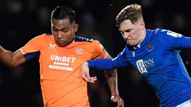 PERTH, SCOTLAND - JANUARY 21: Rangers' Alfredo Morelos (left) and Adam Montgomery of St Johnstone during the Scottish Cup 4th Round match between St Johnstone and Rangers at McDiarmid Park, on January 21, 2023, in Perth , Scotland.  (Photo by Ross Parker / SNS Team)