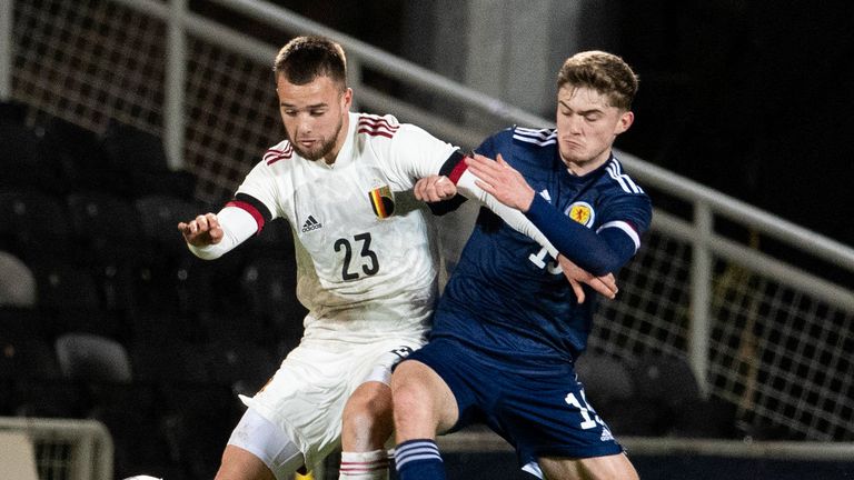 DUNDEE, SCOTLAND - NOVEMBER 16: Belgium&#39;s Nicolas Raskin (L) and Scotland&#39;s Scott High during a UEFA Under-21 Championship qualifying match between Scotland and Belgium at Tannadice Park, on November 16, 2021, in Dundee, Scotland.  (Photo by Ross Parker / SNS Group)
