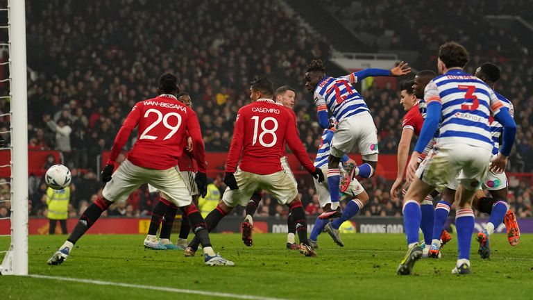 Reading's Amadou Salif Mbengue scores against Manchester United