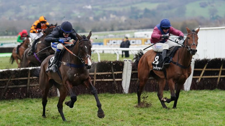 Rock My Way (left) battles it out with Pembroke up the Cheltenham hill