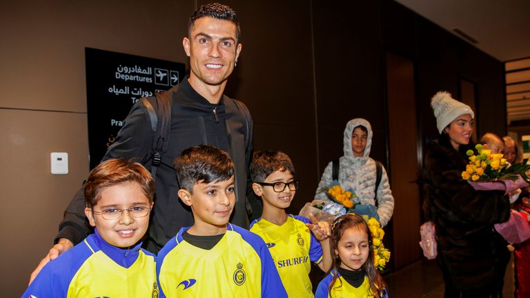 In this photo provided by Al Nassr Club, Cristiano Ronaldo arrives at Riyadh International Airport, late Monday, Jan. 2, 2023. Ronaldo completed a lucrative move to Saudi Arabian club Al Nassr on Friday in a deal that is a landmark moment for Middle Eastern soccer but will see one of Europe&#39;s biggest stars disappear from the sport&#39;s elite stage. (Courtesy of Al Nassr Club via AP)