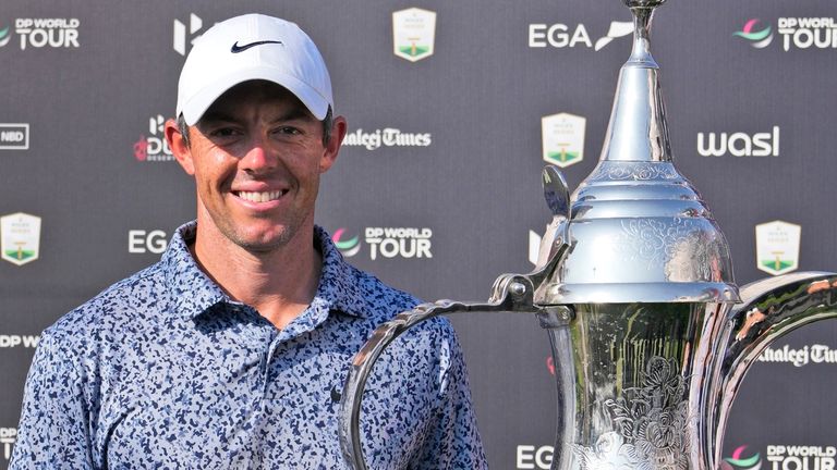 Rory McIlroy of Northern Ireland poses with his trophy after he won the the Dubai Desert Classic, in Dubai, United Arab Emirates, Monday, Jan. 30, 2023. (AP Photo/Kamran Jebreili)