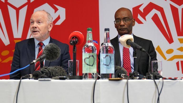 Welsh Rugby Union chairman Ieuan Evans (left) and acting chief executive Nigel Walker during a press conference at the Principality Stadium, Cardiff. Ieuan Evans has vowed to remain as Welsh Rugby Union chair despite allegations of a "toxic culture" at the organisation that resulted in chief executive Steve Phillips' resignation on Sunday. Phillips' resignation came after a turbulent week in Welsh rugby following a documentary airing allegations of misogyny, sexism, racism and homophobia at the 