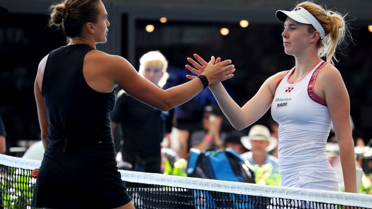 Aryna Sabalenka (left) is congratulated at the net after defeating Czech teen Linda Noskova in the Adelaide International final