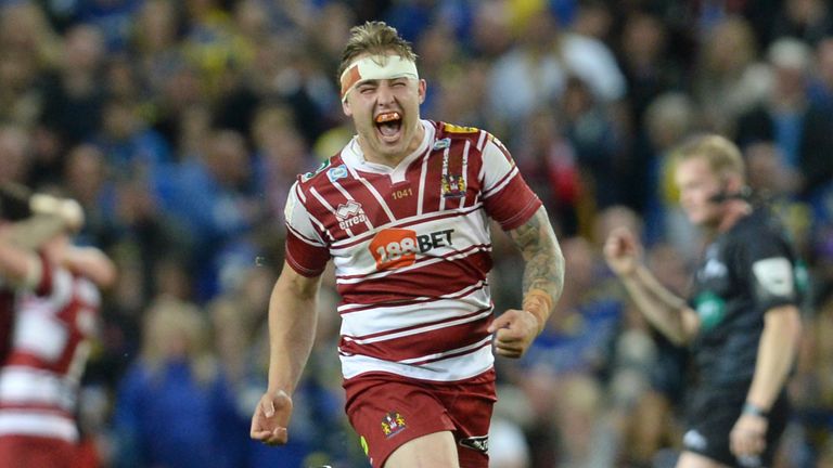 Sam Powell celebrates at full-time in Wigan Warriors' 2016 Super League Grand Final triumph