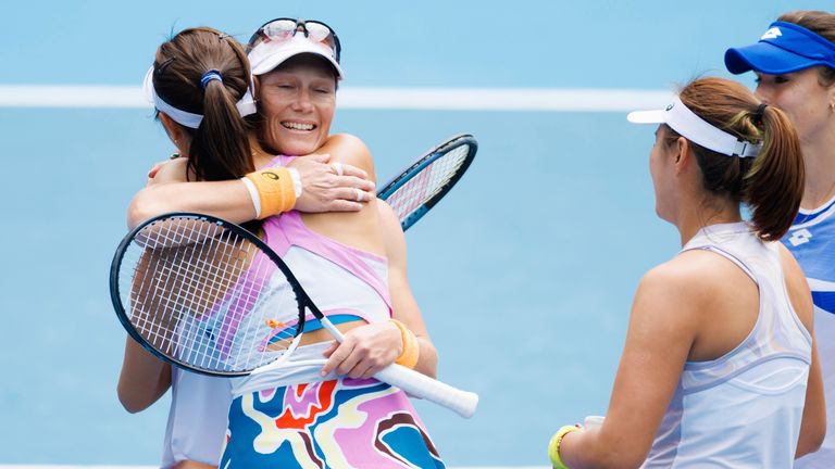Samantha STOSUR is congratulated after losing her match with Aiize CORNET of France and retires from professional tennis after playing a match against 11th seed Zhaoxuan YANG of China and Hao-Ching CHAN of Taipei in the women's doubles match of the 1st round on day 4 of the Australian Open 2023 at Kia Arena, in Melbourne, Australia.  Sydney Low/Cal Sport Media.  (Image credit: Sydney Low/CSM via ZUMA Press Wire) (Cal Sport Media via AP Images)