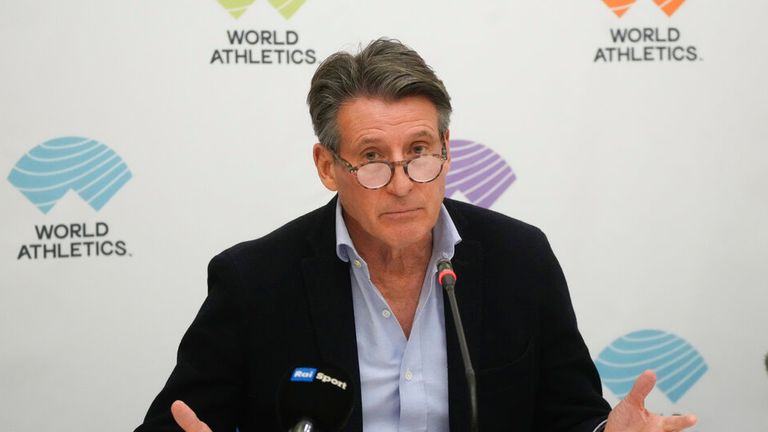 World Athletics President Sebastian Coe holds a press conference at the conclusion of the World Athletics meeting at the Italian National Olympic Committee, headquarters, in Rome, Wednesday, Nov. 30, 2022. (AP Photo/Gregorio Borgia)