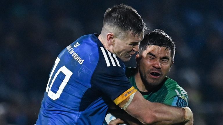 1 January 2023; Jarrad Butler of Connacht is tackled by Jonathan Sexton of Leinster during the United Rugby Championship between Leinster and Connacht at RDS Arena in Dublin. Photo by Harry Murphy/Sportsfile