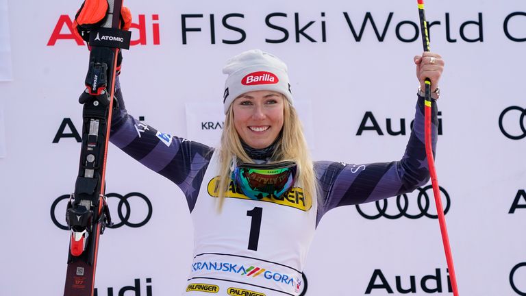 Mikaela Shiffrin equalled Lindsey Vonn's women's World Cup with her 82nd victory in the second giant slalom race in Slovenia on Sunday