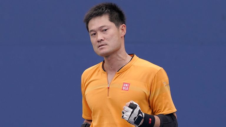 Shingo Kunieda, of Japan, reacts during a match against Joachim Gerard, of Belgium, during the first round of the men's wheelchair singles at the U.S. Open tennis championships, Wednesday, Sept. 7, 2022, in New York. (AP Photo/Mary Altaffer)