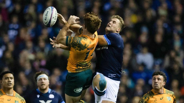 Scotland's Duhan Van Der Merwe challenges Australia's Andrew Kellaway, Smart Ball