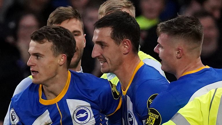 Solly March celebrates scoring vs Liverpool