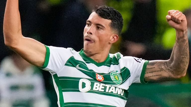 Sporting&#39;s Pedro Porro reacts after scoring his team...s third goal during a Champions League Group C soccer match between Sporting CP and Borussia Dortmund at the Alvalade stadium in Lisbon, Portugal, Wednesday, Nov. 24, 2021. (AP Photo/Armando Franca)