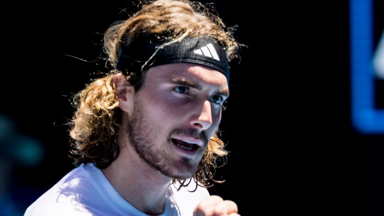 MELBOURNE, VIC - JANUARY 20: Stefanos Tsitsipas of Greece celebrates during Round 3 of the 2023 Australian Open on January 20 2023, at Melbourne Park in Melbourne, Australia. (Photo by Jason Heidrich/Icon Sportswire) (Icon Sportswire via AP Images)