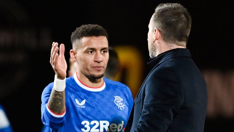 DUNDEE, SCOTLAND - JANUARY 08: Rangers&#39; James Tavernier (L) and manager Michael Beale at full time during a cinch Premiership match between Dundee United and Rangers at Tannadice, on January 08, 2023, in Dundee, Scotland. (Photo by Rob Casey / SNS Group)