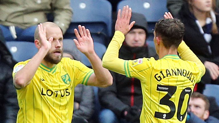 Teemu Pukki (left) celebrates scoring the opening goal in Norwich City's 4-0 win over Preston