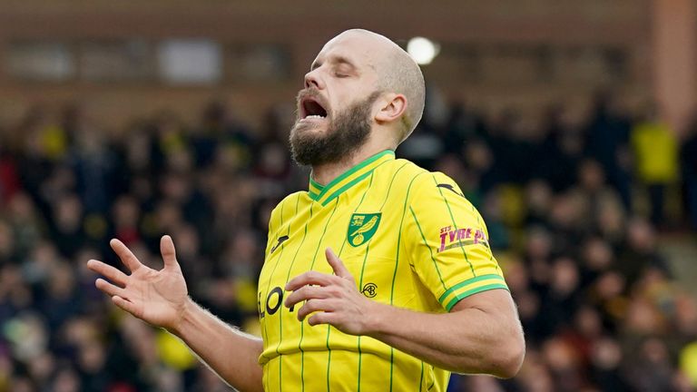 Norwich City's Teemu Pukki reacts after a near miss during the Emirates FA Cup third round match at Carrow Road, Norwich. Picture date: Sunday January 8, 2023.