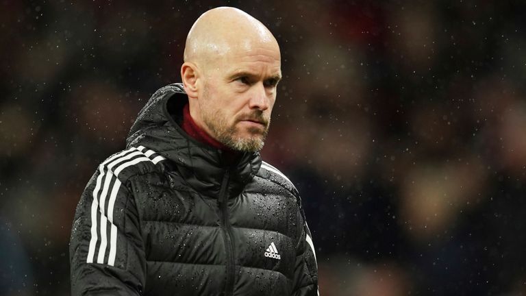 Manchester United's head coach Erik ten Hag walks after the first half of the English Premier League soccer match between Manchester United and Bournemouth at Old Trafford in Manchester, England, Tuesday, Jan. 3, 2023. (AP Photo/Dave Thompson)
