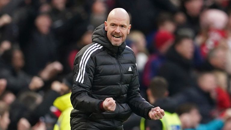 Manchester United's head coach Erik ten Hag celebrates after his team's second goal against Man City