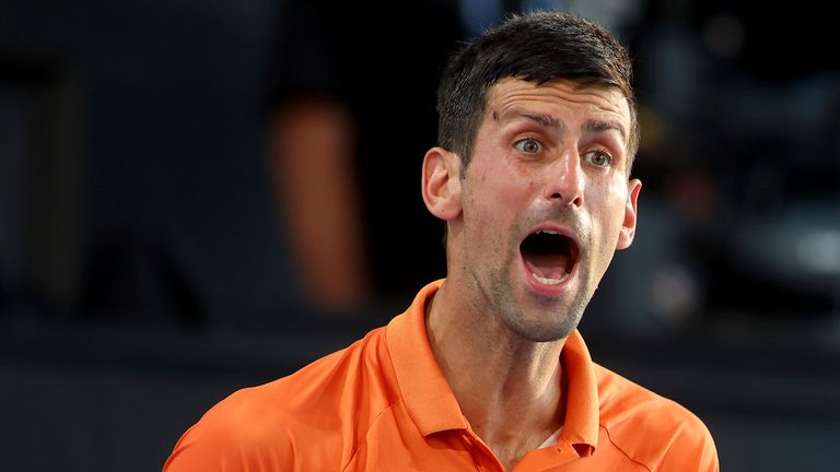 Serbia&#39;s Novak Djokovic reacts during the final of the Adelaide International tennis tournament against USA&#39;s Sebastian Korda in Adelaide, Australia, Sunday, Jan. 8, 2023. (AP Photo/Kelly Barnes)