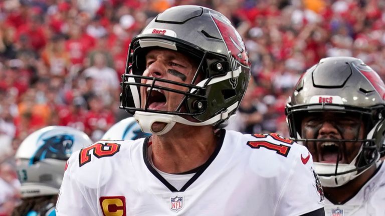 Tampa Bay Buccaneers quarterback Tom Brady celebrates after scoring during the second half of an NFL football game between the Carolina Panthers and the Tampa Bay Buccaneers on Sunday, Jan. 1, 2023, in Tampa, Fla. (AP Photo/Chris O'Meara)