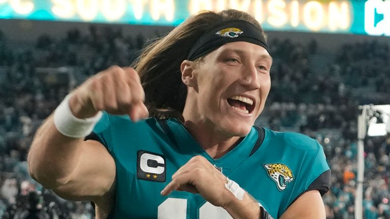 Jacksonville Jaguars quarterback Trevor Lawrence celebrates the win over the Tennessee Titans that saw them clinch the AFC South title and a first playoff berth since 2017