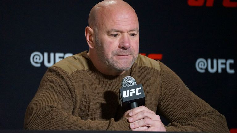 LAS VEGAS, NV - JANUARY 11: Dana White speaks to the media at the UFC Vegas 67 media day for the first time since he was caught slapping is wife on New Years Eve. January 11, 2023, at the UFC APEX in Las Vegas, NV. (Photo by Amy Kaplan/Icon Sportswire) (Icon Sportswire via AP Images)