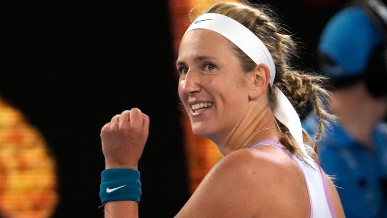 Victoria Azarenka of Belarus reacts after defeating Jessica Pegula of the U.S. in their quarterfinal match at the Australian Open tennis championship in Melbourne, Australia, Tuesday, Jan. 24, 2023. (AP Photo/Ng Han Guan)
