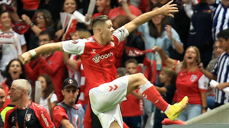Braga striker Vitinha celebrates after scoring in the Europa League
