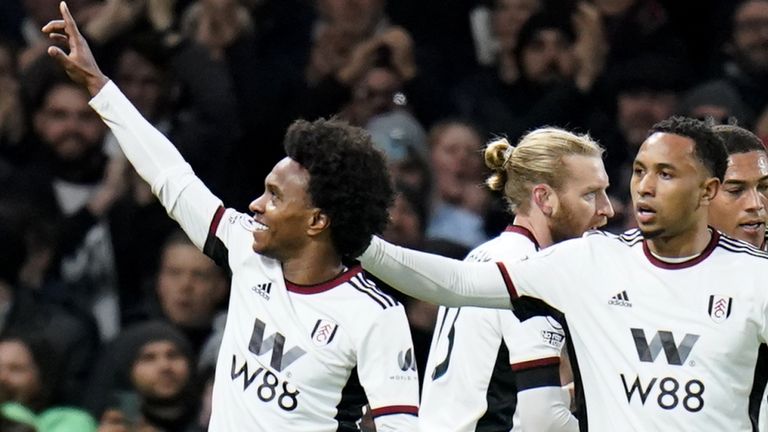 Willian celebrates after scoring for Fulham against Chelsea