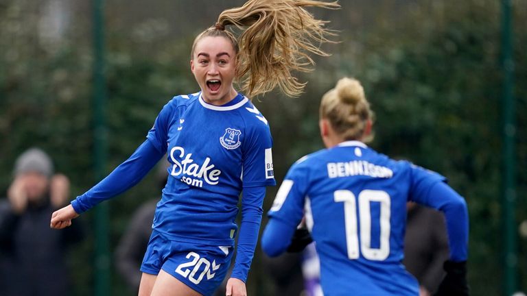 Megan Finnigan celebrates after putting Everton 2-0 up against West Ham