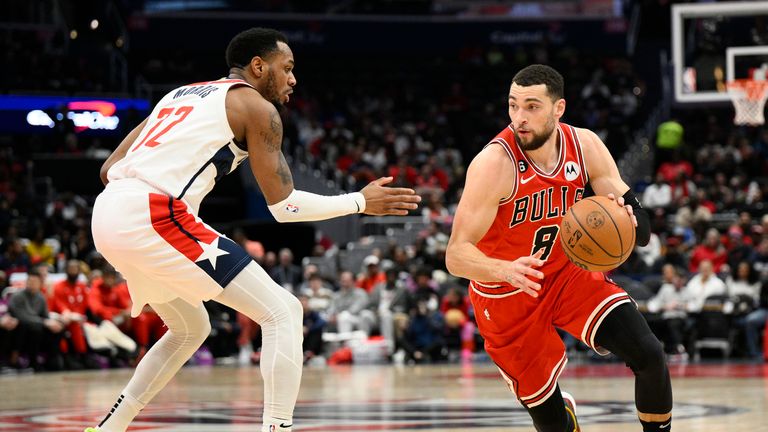 Chicago Bulls guard Zach LaVine (8) in action during the first half of an NBA basketball game against Washington Wizards guard Monte Morris (22).
