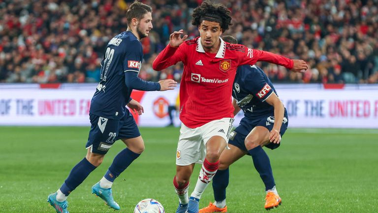 Manchester United's Zidane Iqbal competes of the ball during the soccer match between Manchester United and Melbourne Victory at the Melbourne Cricket Ground, Australia, Friday, July 15, 2022. 