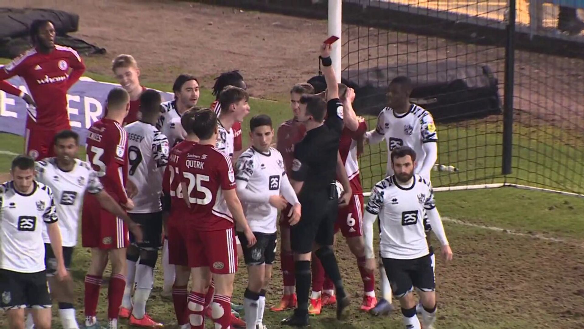 Chaos! Handball on goalline, goal ruled out, red card, then missed pen!