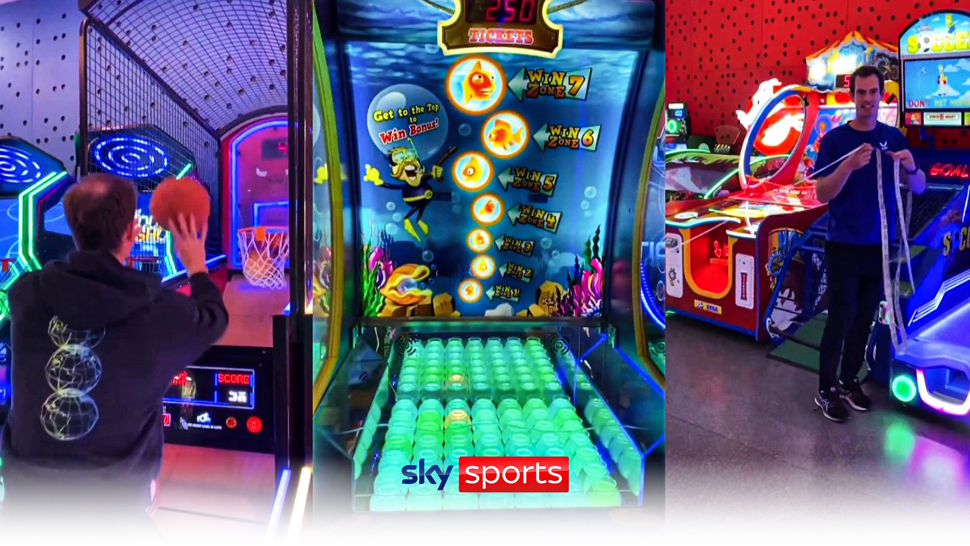 Murray shoots basketballs and smashes ping pong ball record at arcade!