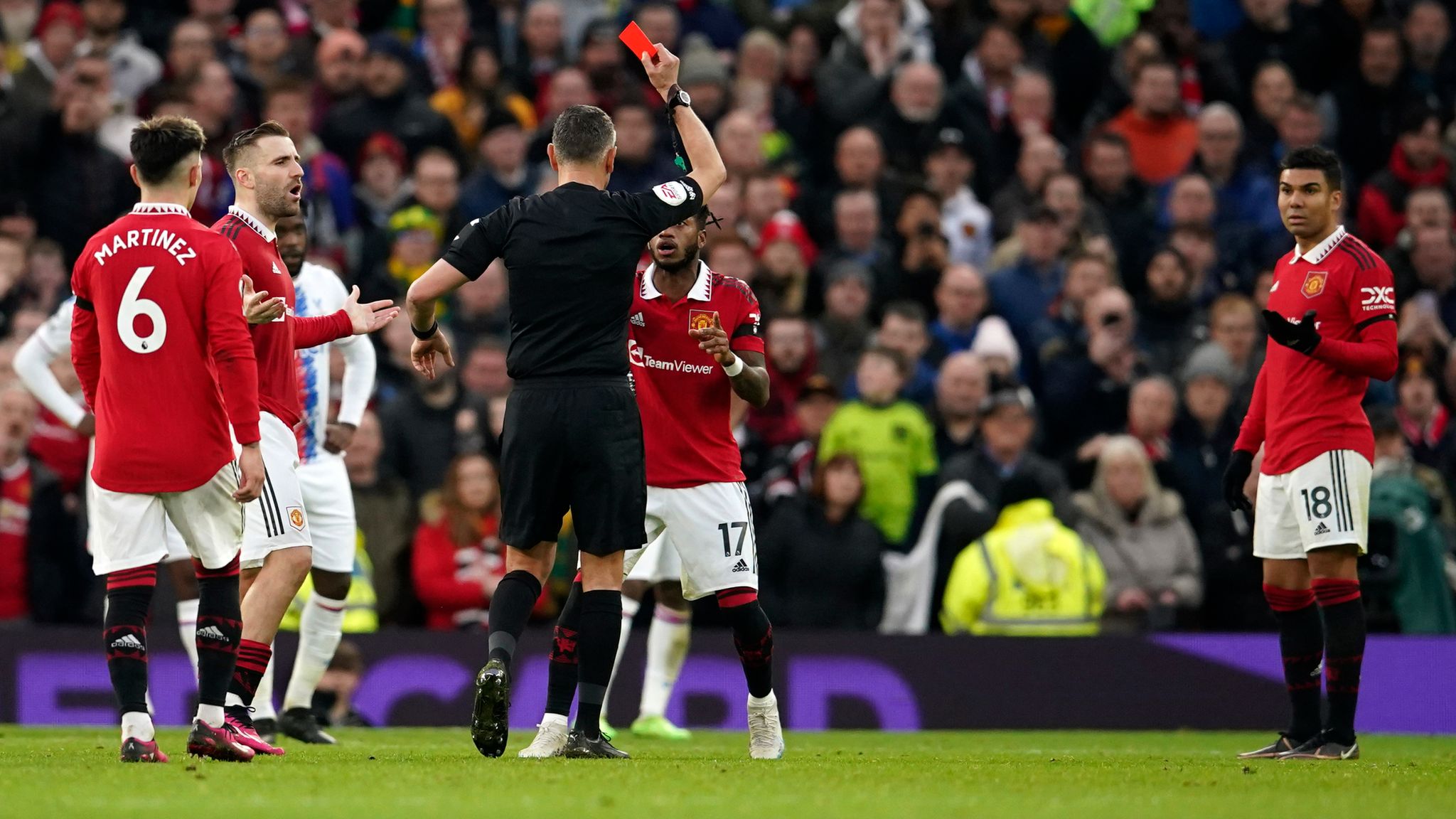 Manchester United's Casemiro being shown a red card during their EPL GW 22 clash with Crystal palace