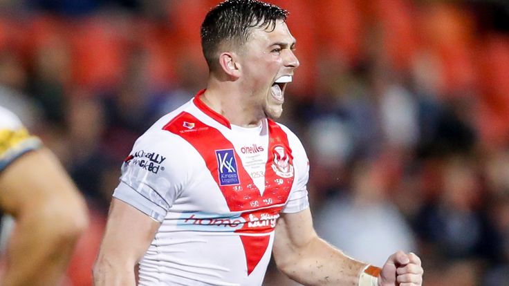 Picture by David Neilson/SWpix.com - 18/02/2023 - Rugby League - World Club Challenge - Penrith Panthers v St Helens - The BlueBet Stadium, Penrith, Australia - St Helens' Lewis Dodd celebrates kicking the winning drop goal in Golden Point.