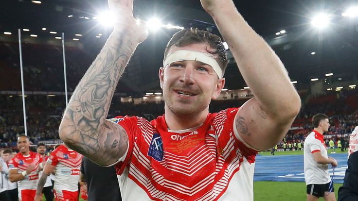 Picture by Ed Sykes/SWpix.com - 24/09/2022 - Rugby League - Betfred Super League Grand Final - St Helens v Leeds Rhinos - Old Trafford, Manchester, England - St Helens' Mark Percival celebrates after the game