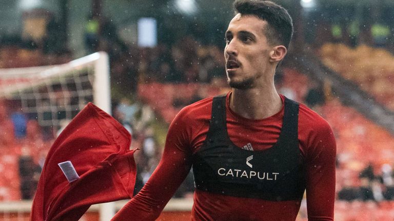 ABERDEEN, SCOTLAND - FEBRUARY 04: Aberdeen's Bojan Miovski celebrates scoring to make it 2-0 during a cinch Premiership match between Aberdeen and Motherwell at Pittodrie, on February 04, 2023, in Aberdeen, Scotland. (Photo by Mark Scates / SNS Group)