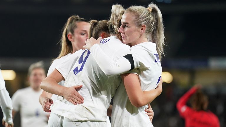Alessia Russo celebrates the goal with Alex Greenwood